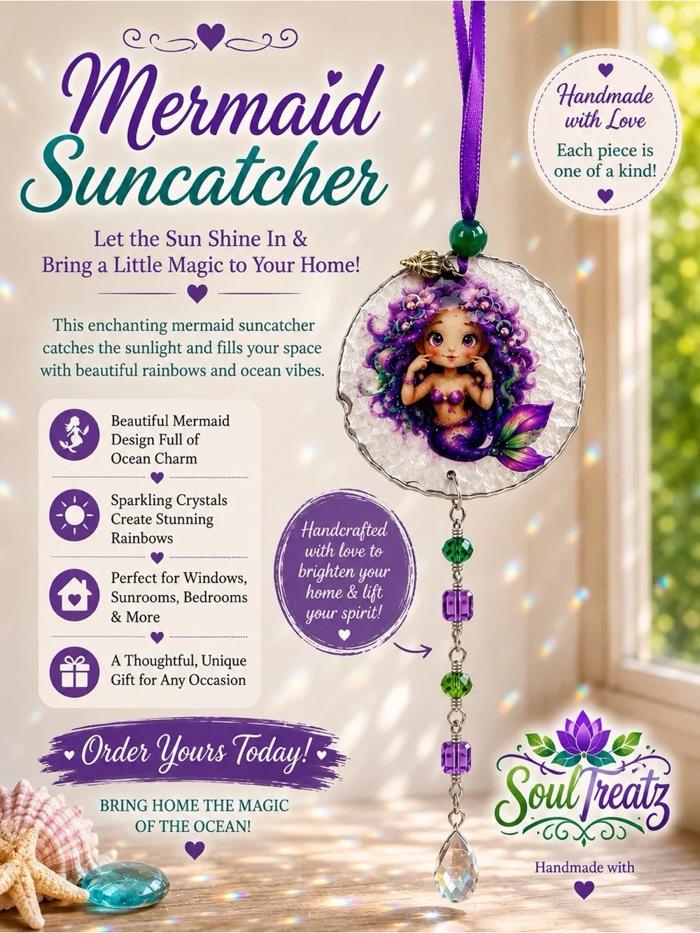 Purple & Green Decoupage Mermaid Sand Dollar Crystal Sun Catcher